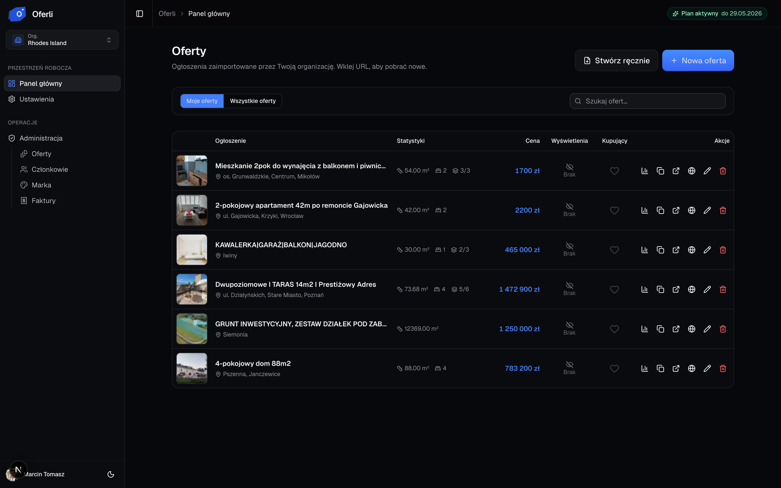 Das Makler-Dashboard in oferli.pl mit einer Liste von Objekten